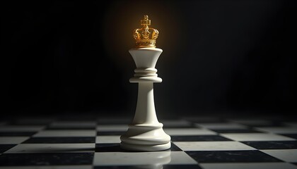 A golden crown atop a white chess piece on a black and white checkered surface