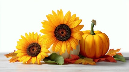 Bouquet of sunflowers and pumpkins on a table. The sunflowers are yellow and the pumpkins are orange. The arrangement is colorful and cheerful, giving off a warm and inviting mood © Nataliia_Trushchenko