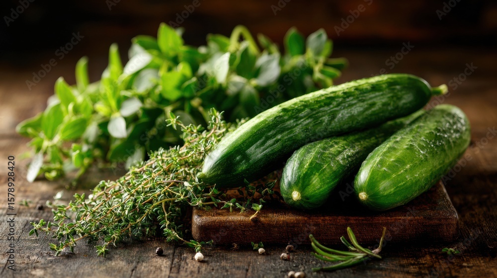 Poster fresh cucumbers and herbs arranged in a rustic kitchen setting on wooden table with clean surface at
