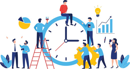 Team working around a clock with gears and charts in vector format