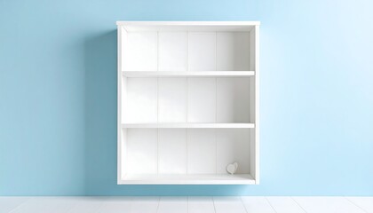 White wall shelf with three empty tiers against light-blue wall