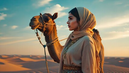 Beautiful Arab woman in traditional clothing walking with camel in the golden desert at sunset, cultural elegance and Middle Eastern tradition under warm sky