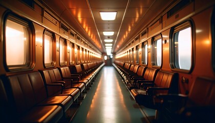 Fototapeta premium Empty Train Carriage Interior Warm Lighting Leather Seats.