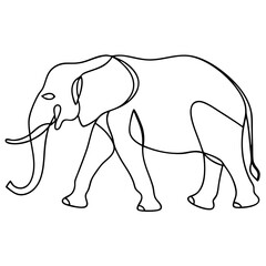 Fototapeta premium Walking elephant in continuous line art style, with minimalistic black and white design. Depiction of an elephant walking with flowing lines captures its majestic presence.
