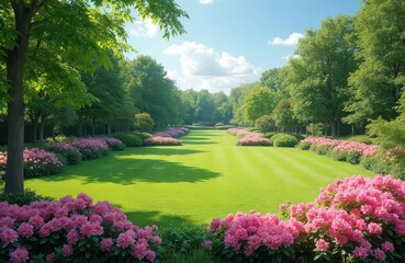Fototapeta premium Lush garden landscape with vibrant pink azaleas. Green grass lawn, trees create scenic pathway. Blue sky, white clouds. Ideal for nature lovers, tourism, eco themes.
