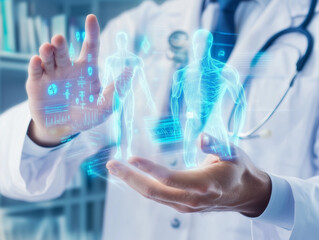 Ultra HD PNG of a medical doctor having holographs of body on hands good for social media posts.