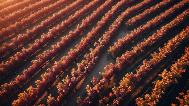 Vineyard Rows at Sunset with Autumn Foliage from an Aerial View
