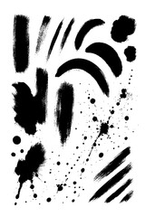 Hand Drawn Artistic Ink Brush Stroke Collection, Abstract Paint Splash and Splatter Texture, Grunge Creative Design Elements Set, Black Isolated Illustration, Transparent Background