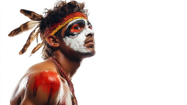 Aboriginal Australian traditional paint and loincloth attire isolated on white background