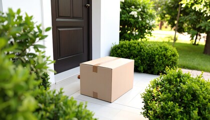 Overhead view of express delivery package on doormat outside home entry. Cardboard parcel, postal courier, secure shipping service, online purchase, residential logistic delivery scene.