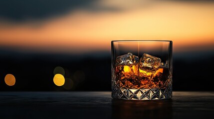 Glass of Whiskey with Ice Cubes at Sunset Overlooking City Lights