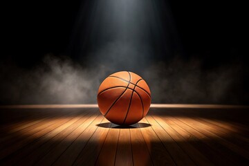 Orange basketball on polished wooden court with dramatic lighting and smoke brown black