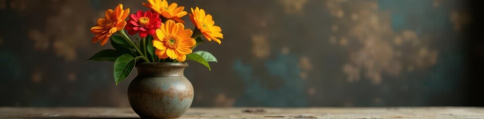 Obraz premium Bold orange, red, and yellow blooms in a rustic vase, autumnal, yellow, sunflower