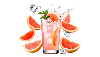 Refreshing Grapefruit Cocktail With Sliced Fruit Ice Cubes and Mint Leaves Isolated Transparent Background