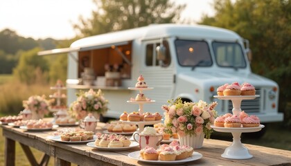 Elegant food truck catering setup for wedding celebration. Rustic wooden table decorated with cupcakes, desserts, flowers. White food truck in countryside setting, perfect event service, picnic,