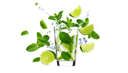 Refreshing Mojito Cocktail With Lime Slices Mint Sprigs Ice Cubes And Water Splashes Isolated Transparent Background