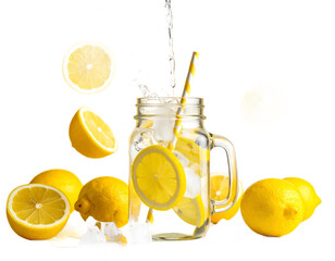 Refreshing Lemon Drink With Ice Cubes Inside A Mason Jar Featuring Sliced And Whole Lemons Around It Isolated Transparent Background