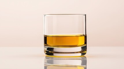 Elegant Whiskey Glass with Amber Liquid on Reflective Surface
