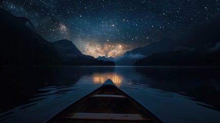 Bright star clusters seen from a floating boat in a dark lake