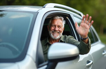 Senior man in car smiles, waves hand in friendly greeting. Happy driver at window, smiling face, looks at you. Elderly man enjoying drive. Active retired person. Travel concept.