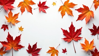 Fototapeta premium Crisp, vibrant maple leaves scattered on pristine white , design, leaf, golden