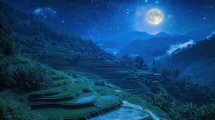 Bright stars and a glowing moon above terraced rice fields