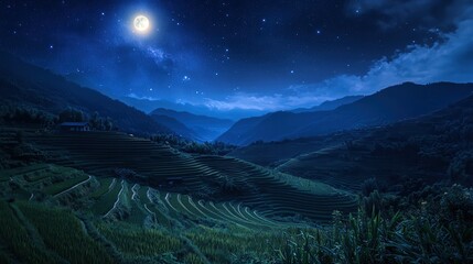 Bright stars and a glowing moon above terraced rice fields