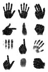 Grunge Handprint and Fingerprint Icon Set in Black Ink Texture - Transparent Background