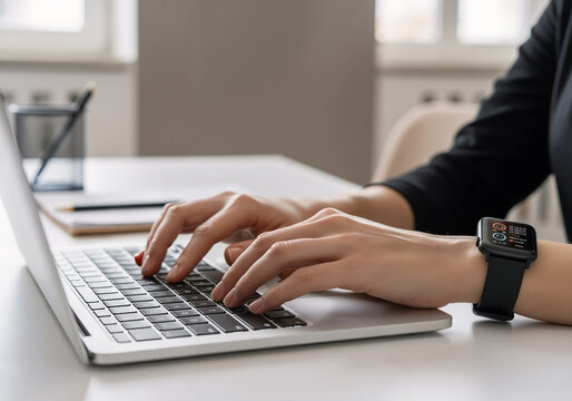 Close-up of a businesswoman's hands with a black smartwatch typing on a laptop keyboard at a modern white office desk.