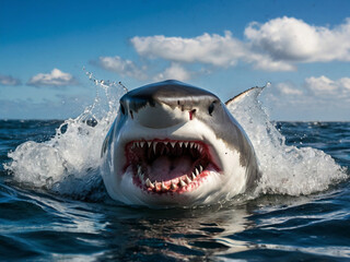 Naklejka premium Great white shark breaching water with mouth open ocean
