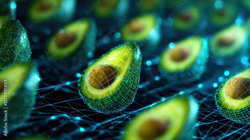 Poster digital mesh design of avocado halves showcases a futuristic concept over a light grid with a clean 