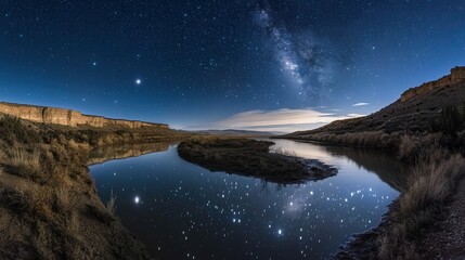 Bright stars over a winding river reflecting moonlight