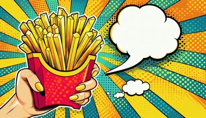 French fries retro pop art pop-art poster fast food snack design speech bubble hand holding