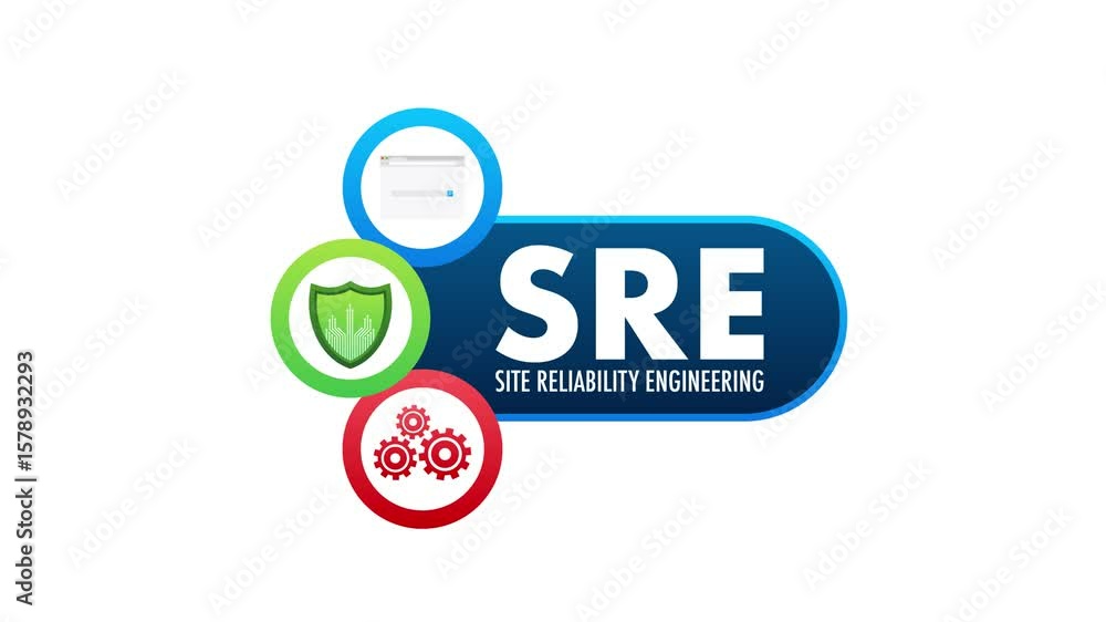 Poster site reliability engineering concept with shield and gears icons on white and green screen