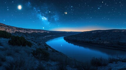 Bright stars over a winding river reflecting moonlight
