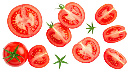 Sliced And Whole Vibrant Red Tomatoes With Green Stems Isolated On Transparent Background A Culinary Composition Isolated Transparent Background