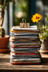 Stack of assorted paper documents with binder clip on wooden table near potted plants and yellow flower in warm sunlight