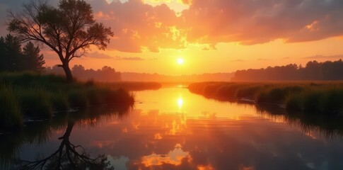 Naklejka premium Golden hour light bathes tranquil wetland, reflecting sunset's warm hues on still water , outdoors, plants