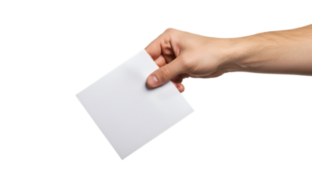 Isolated Human Hand Holding White Voting Ballot Paper On Transparent