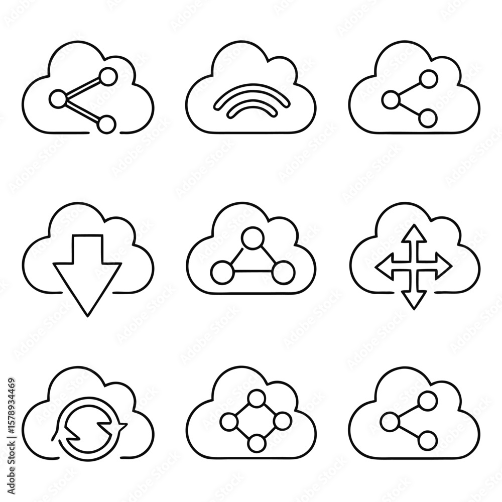 Poster cloud icons with network and data transfer symbols
