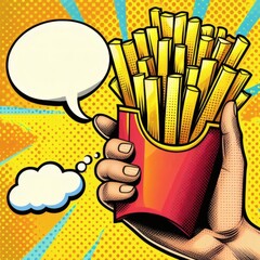 French fries retro pop art pop-art poster fast food snack design speech bubble hand holding