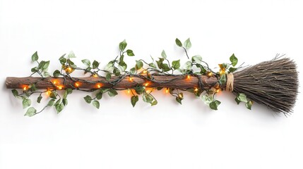 Broomstick decor wrapped in ivy and orange lights isolated on white background