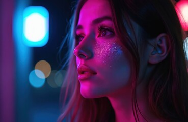 Night portrait of woman with glitter makeup in neon purple, blue light. Young model with long hair poses, looking to side. Cinematic, futuristic, party, club, techno vibes.