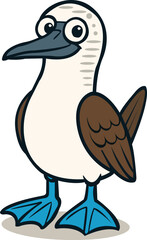 Fun and colorful vector illustration of a cute blue-footed booby bird with bright blue feet and big eyes. Perfect for educational materials, kids’ books, stickers, and cartoon projects. Editable EPS.