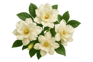 Obraz premium Gardenia blossoms with delicate petals and vibrant green leaves create a stunning floral arrangement on a transparent background