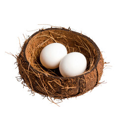 Two White Eggs Resting In A Brown Coconut Shell Isolated Transparent Background