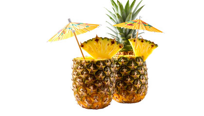 Two Pineapple Halves With Cocktail Umbrellas And Slices Against Transparent Background Isolated Transparent Background