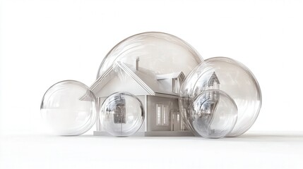 Bubble house concept with multiple transparent spheres isolated on white background