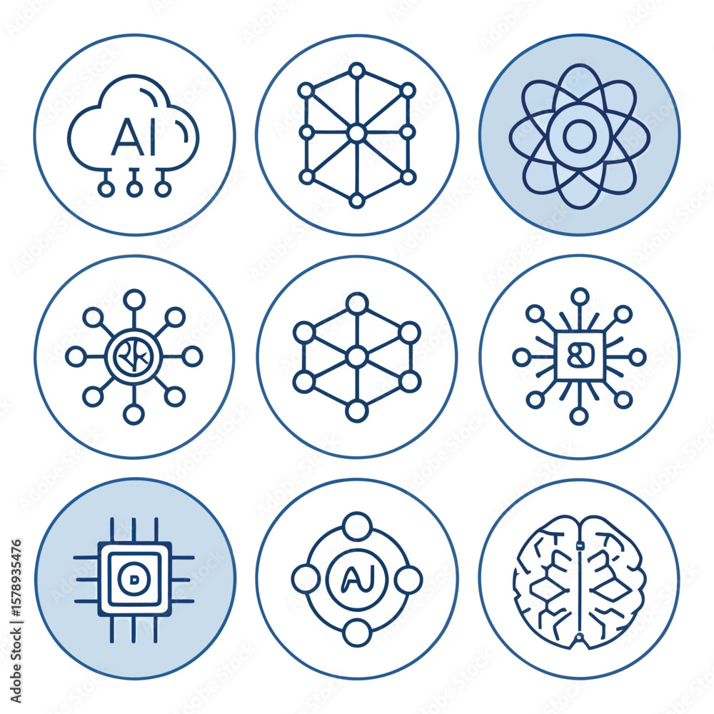 Poster set of nine circular blue line art icons representing a i and technology concepts