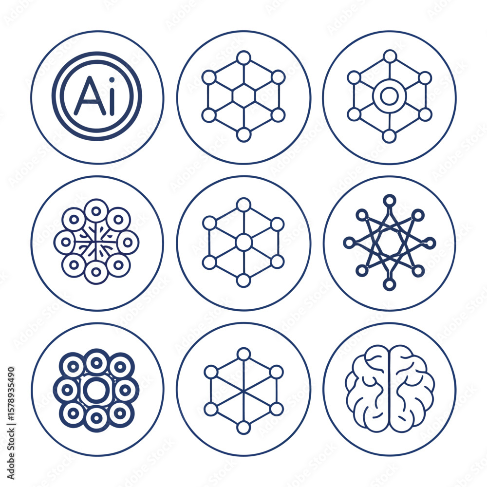 Poster set of nine circular icons with abstract network and brain graphics